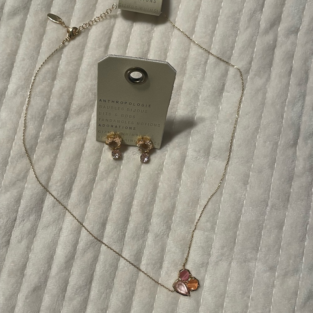 Anthropologie Gold Chain Necklace with Pink and Pale Pink Stones